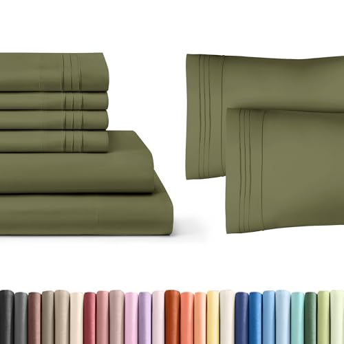 6 Piece Sage Green Queen Size Bed Sheet Set + 2 Extra Pillowcases Bundle – 8” to 16” Deep Pockets – Flat Sheet 90 x 102, Fitted Sheet 60 x 80 and 6 Pillowcases 20 x 30 – Oeko-TEX Queen Size
