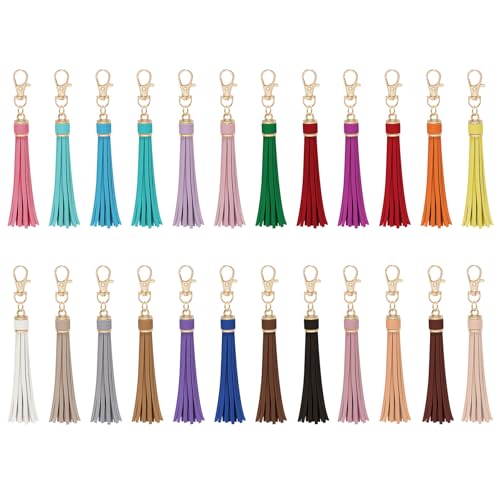 HOVEOX 24 Pieces Faux Leather Tassels Artificial Leathers Tassel Bulk Keychain Tassels Leather Tassel for Keychain Making and Craft (Mixed Color)