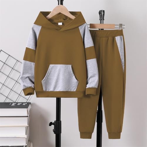 Image of 5-11Y Boys Clothes Long Sleeve Hooded Pullover Colorblock Sweatshirt + Pants 2pcs Fall Winter Outfit Set