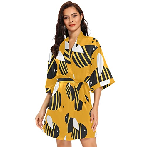 Image of Women's Kimono Robes Yellow Bees Hand Drawn Seamless Pattern Soft Satin Robe Short Dressing Gown
