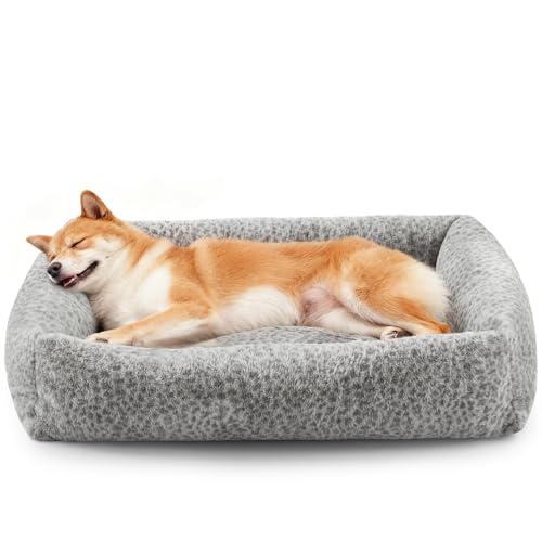 JOEJOY Large Dog Beds Large Sized Dog, Removable Washable Cover Orthopedic Soft Faux Rabbit Fur Pet Bed, Anti-Slip Fluffy Plush Faux Rabbit Fur Puppy Bed, 36"x27"x8", Leopard Print, Grey