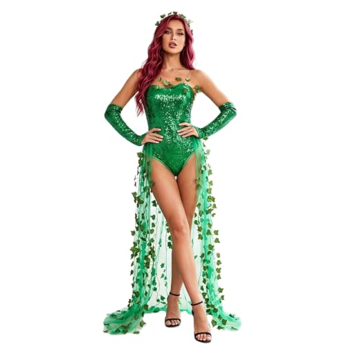 Women Ivy Costume Halloween Green Sequin Poison Villain Cosplay Costumes