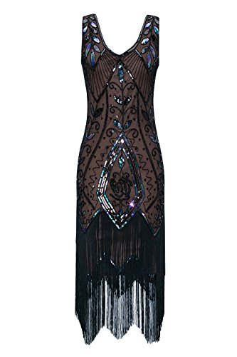 Metme Women's 1920s Vintage Flapper Dress Sequins Beaded Fringe Great Gatsby Party Dress Brown