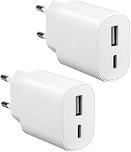 Pack of 2 USB C Charger, 25 W 2-Port USB C Fast Charging Charger with USBC and USB-A for Samsung S25 S24 A56 5G A55 A54 A16 A15 iPhone 16 15 14 Pro Max Plus 13 12 11 SE XS Fast Charger Power Supply