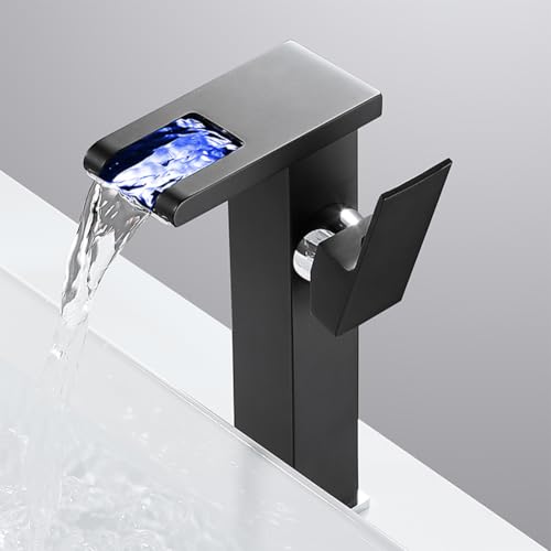 Mitigeur de lavabo cascade LED robinet salle de bains laiton noir - 7