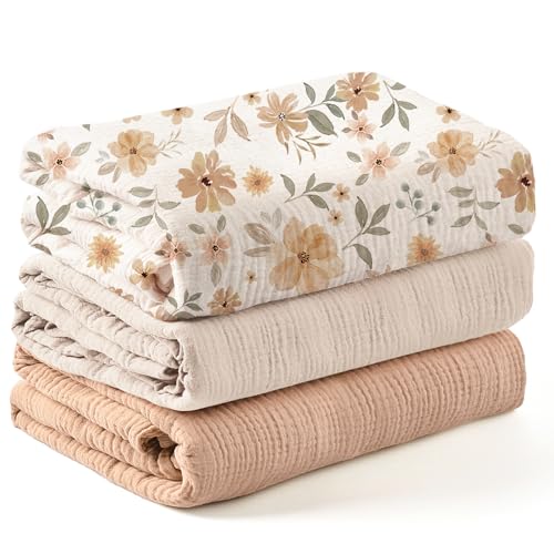 Image of Konssy 3 Pack Muslin Swaddle Blankets for Unisex, Newborn Receiving Blanket, Large 47 x 47 inches, Soft Breathable Muslin Baby Swaddles for Boys & Girls