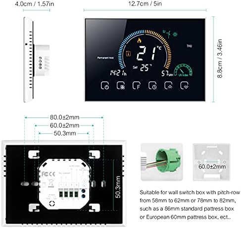 Wiring diagram and dimensions for Beca BHT-8000GCLW WiFi Thermostat, showing connections for power and boiler control.