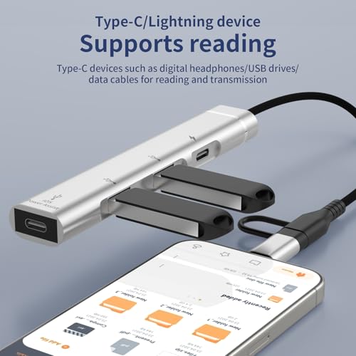 Lightning + Type C to USB Hub [MFi Certified] 4-in-1 USB OTG Hub with 2 USB 3.0 Port and USB C Fast Charging Port for iPhone 16/15/14/13/iPad with USB Flash Drive/Keyboard/Mouse/USB Sound Card - Thumbnail 4