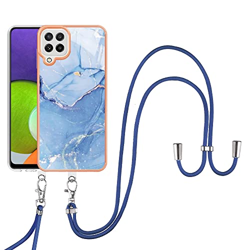 YKTO Blau Marmor Handyhülle für Samsung Galaxy A22 4G/M32 Cover Lanyard Case TPU Ultra Dünn Soft Rugged Silikon Bumper Handyhülle Stoßfeste Kratzfeste Rundumschutz Schutzhülle Handyhülle Hülle
