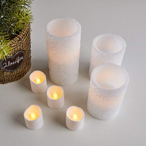 Furora LIGHTING LED Flameless Candles with Remote Control, Set of 8, Real Wax Battery Operated Pillars and Votives LED Candles with Flickering Flame and Timer Featured - White Rome Collection