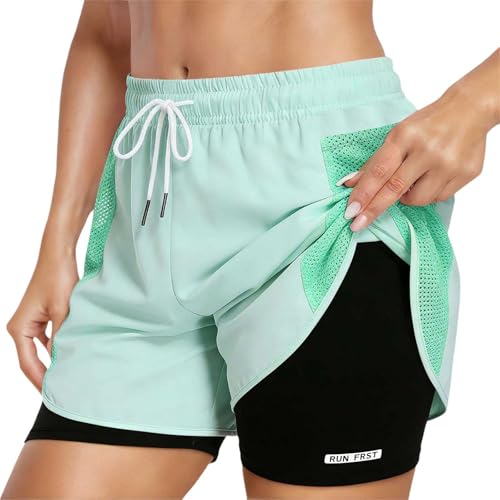 Pantalones Cortos Deportivos 2 En 1 Mujer Verano Pantalones Cortos De Deporte Para Mujer Con Bolsillo De Verano Mallas Ligero Transpirable Forro Interior Short Running Cintura Alta (Light Green-3, XL)