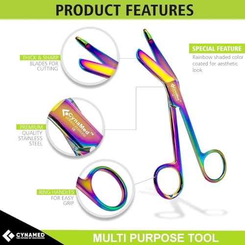 artzone lister bandage scissors - 45-inch cynamed medical-grade stainless steel shears - multi-colored rainbow titanium finish - sharp blades cut through bandages dressing tape gauze clothing