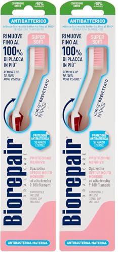 Biorepair, Spazzolino Gengive con Setole Super Soft, Antibatterico con Piliscilingua, Inibisce la Crescita Batterica Fino al 90% (Confezione da 2)