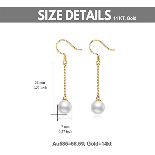 14K Real Gold Drop Pearl Earrings For Women, Yellow Gold 7Mm Freshwater Cultured Pearls Threader Dangle Earrings Anniversary Jewelry Gifts For Her, Wife, Mom, Sister #TOP1