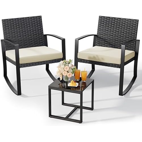 Qsun 3 Pieces Porch Furniture Set Patio Rocking Bistro Set Outdoor Patio Chairs Rattan Conversation Sets with Coffee Table for Front Porch Garden Balcony Backyard Poolside (Beige Cushion)