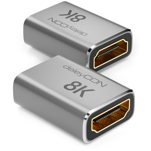 deleyCON 2 Stück 8K HDMI 2.1 Kupplung (48G Ultra Highspeed) Adapter Verbinder 8K@60Hz 4K@120Hz 2K@144Hz/165Hz eARC HDCP 2.3/2.2 DTS:X für HDR Dolby Atmos TV PS5 Xbox Soundbar Monitor Silber