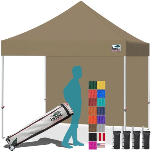 Eurmax USA 10x10 Pop Up Canopy with 1 Side Wall,Commercial Instant Tent for Outdoors,Patented No-Tip Rolling Storage Bag with 4 Sandbags,UV&Water Resistant,Heavy Duty Portable Shelter Gazebo,Khaki