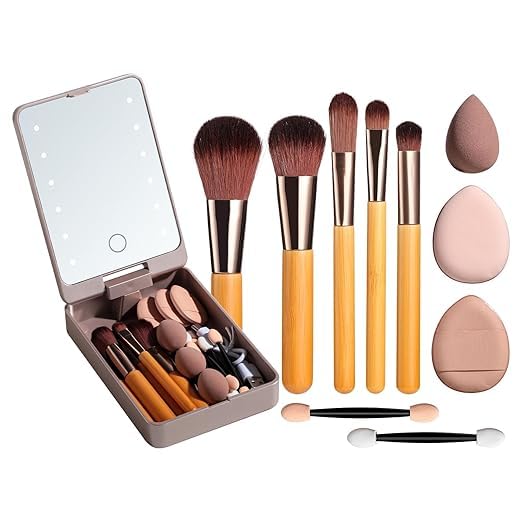 LUMIXA Makeup Brush Set with LED Mirror - 360° Rotating Travel Makeup Box Includes Thumb Puff, Beauty Sponge, Eyeshadow Sticks & Brushes, Portable Cosmetic Kit for Women