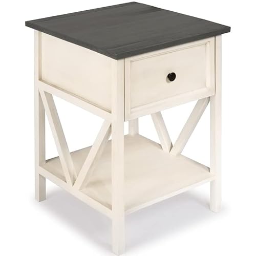 Walker Edison Natalee Modern Farmhouse 1 Drawer Wood Square Side Table Living Room Small End Accent Table, 19 Inch, Grey And White #TOP10