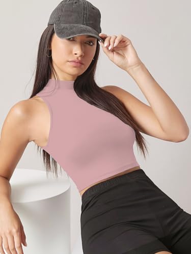 Image of Sugathari Women's & Girls' Solid Ribbed High Neck Sleeveless Crop Tops for Women (Top 37)