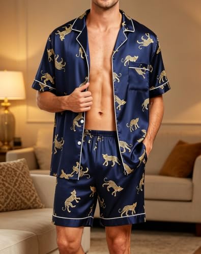Image of SWOMOG Men Satin Silk Pajamas Sets Short Sleeve Sleepwear Button-Down PJs Sets Two-Pieces Loungewear with Pockets