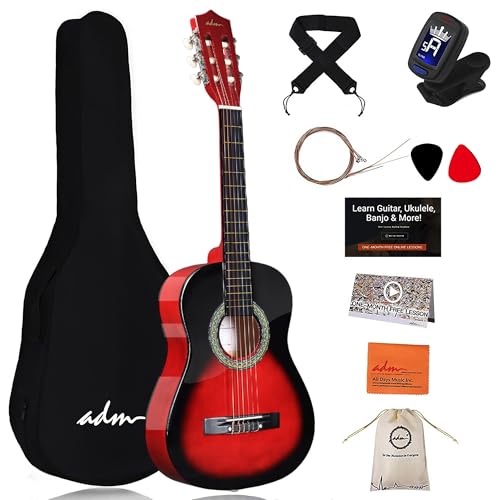 ADM Kit de guitare classique 3/4 pour enfants, débutants à partir de 9 ans avec sac, accordeur à clipser, sangle, médiators, cordes supplémentaires, sac...