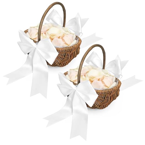 LemonRoad 2 Pcs Small Flower Girl Basket with White Ribbon, Classic Style