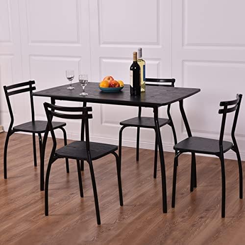 TANGZON Dining Table and 4 Chairs Set, 5 Piece Steel Frame Rectangular Kitchen Table with 4 Slatted Back Chairs, Dining Furniture for Home Living Dining Room (Wooden Top, Black)