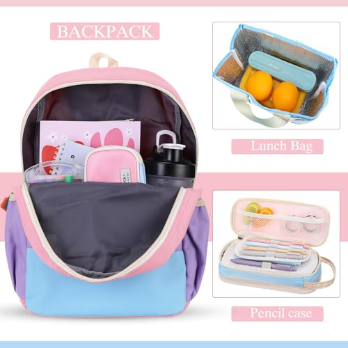 Aesthetic Backpack Set School Backpack Kindergarten Backpack with Pencil Case and Food Bag Kids School Supplies (Pink, Purple, Blue, Yellow, Light Blue)2