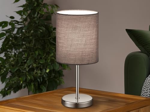 Reality Leuchten Tischleuchte Jerry R50491011, Metall Nickel matt, Stoffschirm Grau, minimalistisch gestaltet fürs Zimme