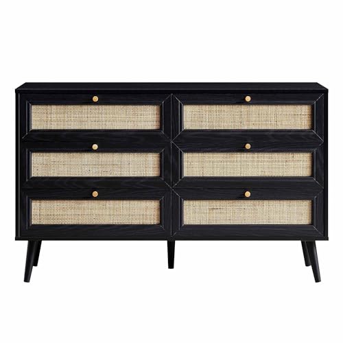 Image of Pore Rattan Chest of Drawer for Home & Office |6 Drawer Chest for Storage |Mango Wood, Black Matt |Ideal for Home Decor