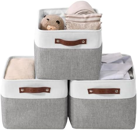 DECOMOMO Storage Baskets for Shelves - Fabric Storage Bins, Linen Closet Organizers and Storage (Grey & White, Large - 3 Pack)