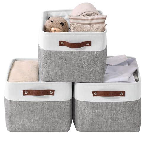 DECOMOMO Storage Baskets for Shelves - Fabric Storage Bins, Linen Closet Organizers and Storage (Grey & White, Large - 3 Pack)
