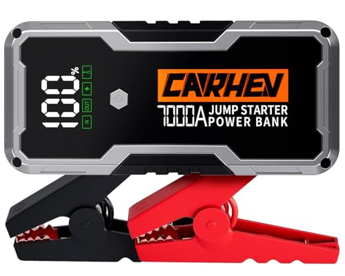 CARHEV Arrancador de Coches 7000A, 12V Arrancador de Bateria de Coche Portátil Compatible con Motores de Gasolina y diésel de hasta 10 litros, Jump Starter con Linterna LED y Pinzas bateria Coches