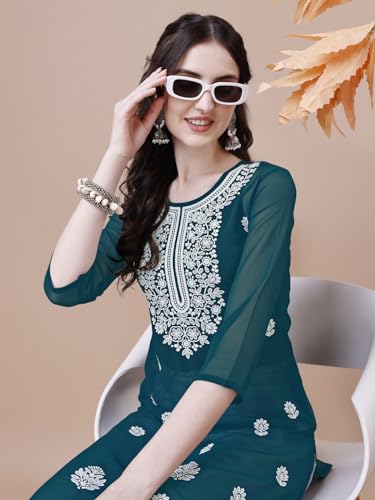 Image of EthnicJunction Women's Georgette Embroidered Straight Kurta | Summer Kurti | Short Kurti for Women | Top for Office |Women's Tunics Tops | Kurta Shirt Top | Regular Fit Top | Tops for Jeans for Women