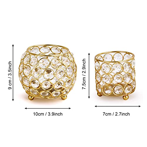 Tied Ribbons Crystal Tealight Candle Holder Centerpiece, Large | Gold, Metal Rim | Set Of 4 | 3.5 X 3.9 Inch | Votive Candle Tea Light Holder For Home Decoration, Wedding, Dinning Table #TOP6