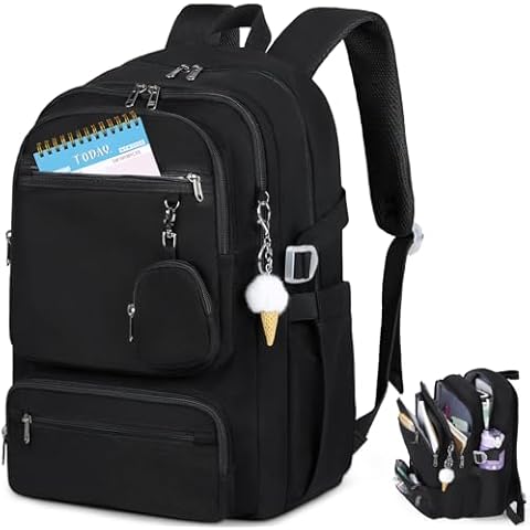 RAINSMORE Laptop Backpack for Women Teen Girls Cute College Backpack 15.6 Inch Bookbag Casual Backpacks for Travel Work Commuter, Black Cover
