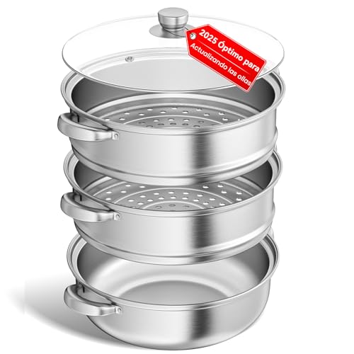 Vaporera de acero inoxidable de 28 cm con cesta vaporera, batería de cocina de 3/4/5 niveles con...