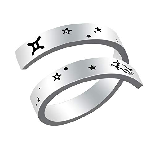 Zeponny Adjustable Engraved Gemini Zodiac Ring, Surgical 316L Stainless Steel Statement Signs of Zodiac Open Adjustable Finger Ring, Horoscope Astrology Ring Jewelry Gift for Women Men