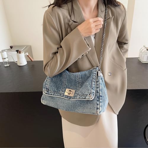 Image of Large Denim Purses for Women Denim Tote Bag Casual Retro Crossbody Lightweight Shoulder Bag Canvas Handbags