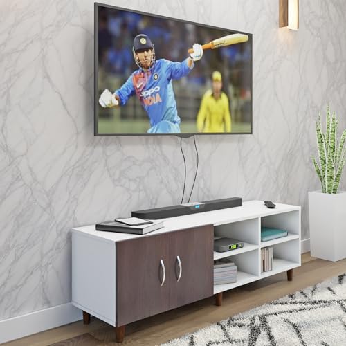 Image of VIKI Modern TV Unit for Living Room | Engineered Wood TV Cabinet with 2 Door Storage & 2 Open Shelves, Entertainment Unit, 140W x 48H x 40D cm | DIY | 1 Year Warranty (White & Wenge)