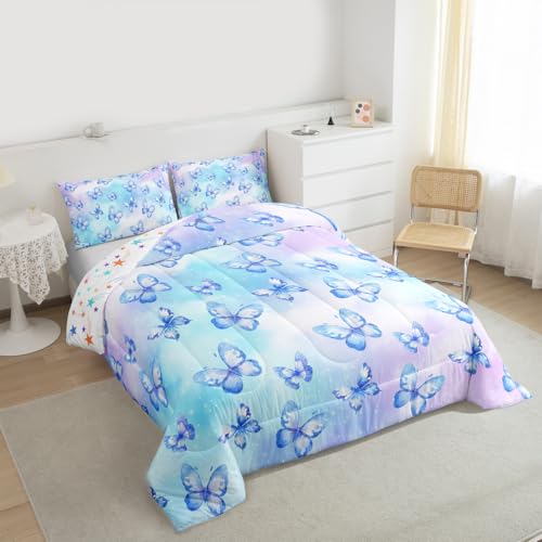 Image of Erosebridal Pink Blue Butterfly Bedding Twin,Watercolor 3D Printed Comforter Set Purple Colorful Rainbow Bed Sets Fantasy Dreamy Princess Duvet Insert 2 Pieces