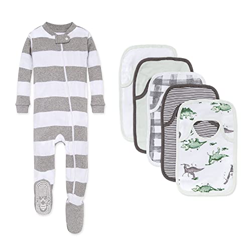 Burt's Bees Baby Unisex Baby Zip-up Footed Sleeper Pj & Set of Bibs Bundle, 100% Organic Cotton Gifting, Stripes Herbivores, 18 Months US