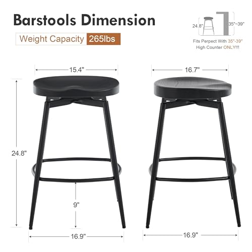 Image of 25 inch Swivel Backless Saddle Bar Stools Set of 4, Black | Solid Wood Saddle Seat, Metal Legs, Footrests,Swivel, Non-Marking Feet, Kitchen Island