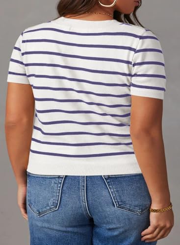 Image of Eytino Women Plus Size Sweater Tops Short Sleeve Crewneck Striped Tshirts Casual Summer Blouses Shirts(1X-5X)