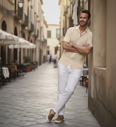 Image of Glowic Men Linen Shirt Casual Regular Fit Solid Stylish Summer Wear Shirt for Office Party Beach Holiday Lightweight Breathable Fashion Shirt