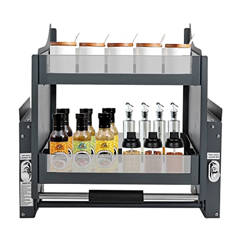 LUPENGSHOP 2-Tier Pull Down Shelf,Heavy Duty Pull-Out Cabinet Shelf with Pneumatic Damper System, Adjustable Bearing Drop Down Sliding Shelfs,Lift Inner Saving Space Wall Mounted Spice Rack Organizer