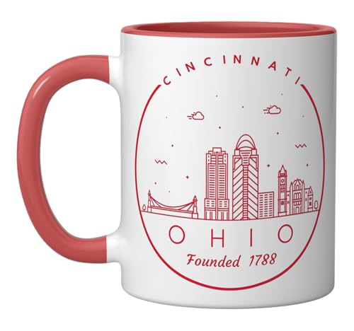 Cincinnati Ohio History Historic Downtown Cincy Skyline Art Ceramic Mug, Red/White