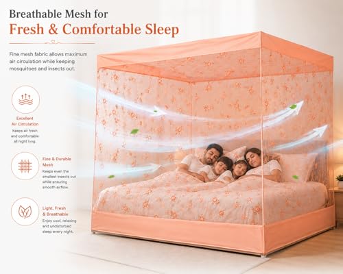 Image of ANS Floral Mosquito Net for Bed with Cotton Border | 7 x 7 Ft King Size Bed Net | Fine Mesh Breathable Fabric | Box Type Hanging Mosquito Net for Family & Kids (Peach Floral)