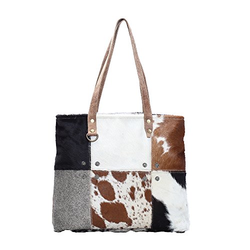 Myra Bag Patches Cowhide Tote Bag S-1163, Brown, One Size